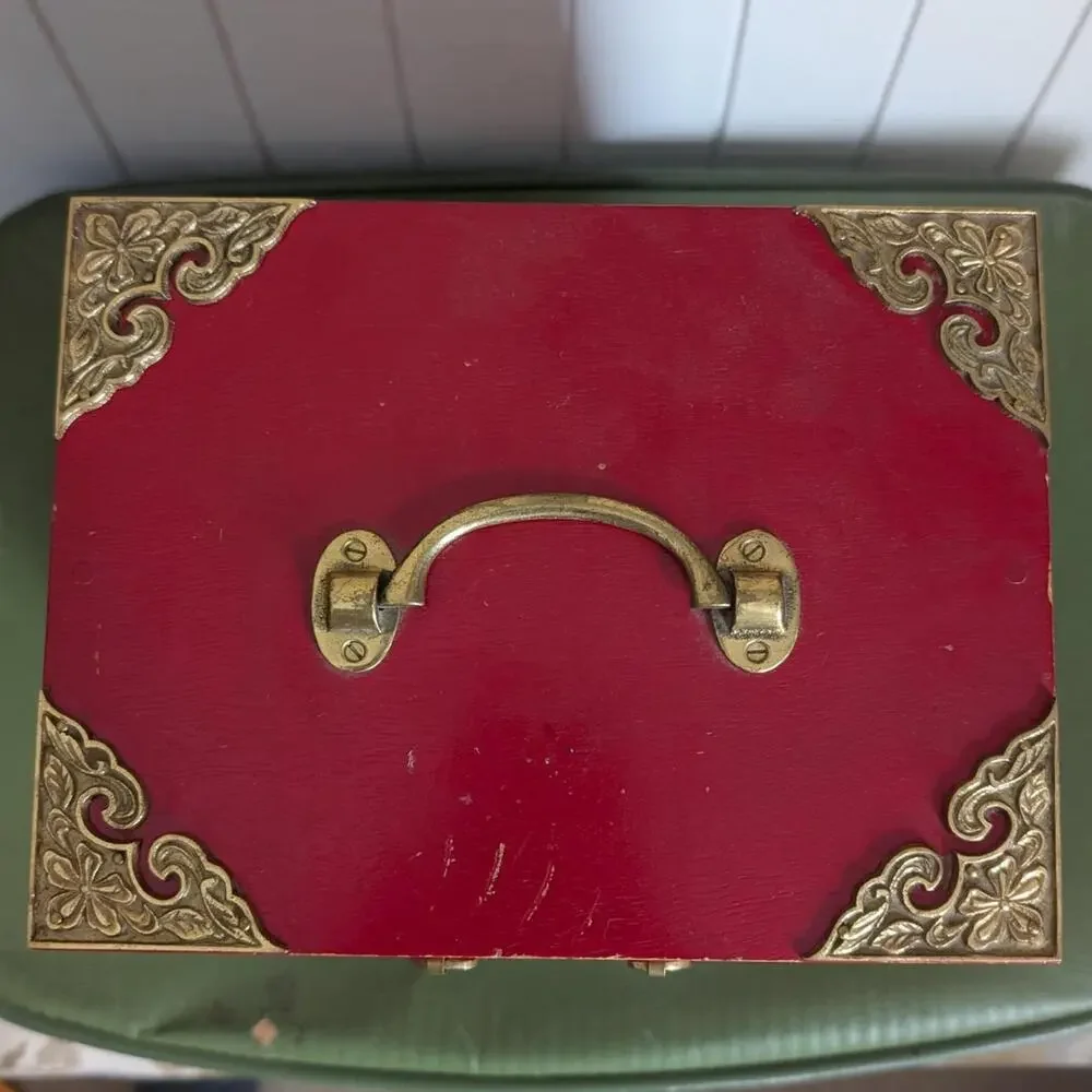 Vintage Japanese Tansu Jewelry Chest Box 4 Lined Drawers Antique Brass Hardware